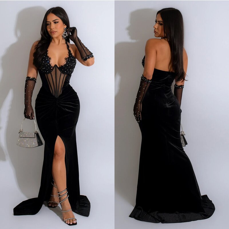 Velvet Evening Dress Manufacturer - Custom High Slit Sweep Train Sequined Gown