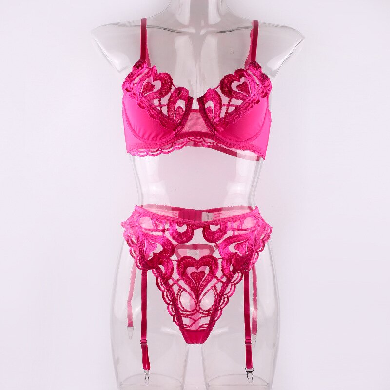 Lingerie Set Manufacturer - Custom 3 Piece Embroidery Valentine Lingerie Set