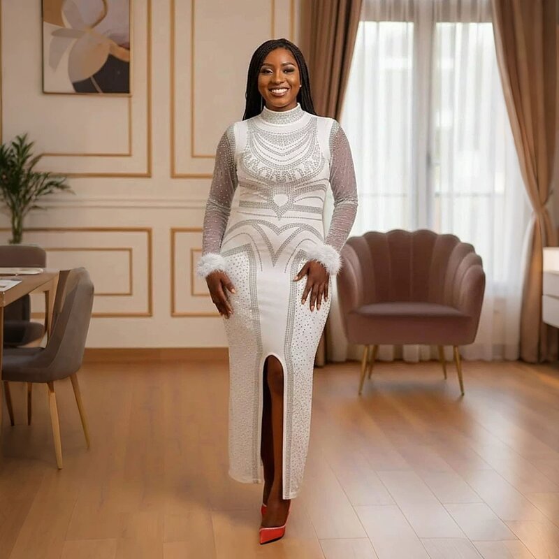 Evening Dress Manufacturer - Custom Plus Size Bodice Applique Split Rhinestone Dress