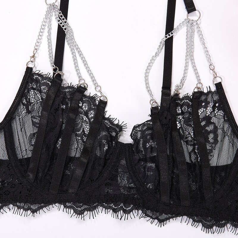 Lingerie Set Manufacturer - Custom Black Red Chain Bra Panty Valentine Set