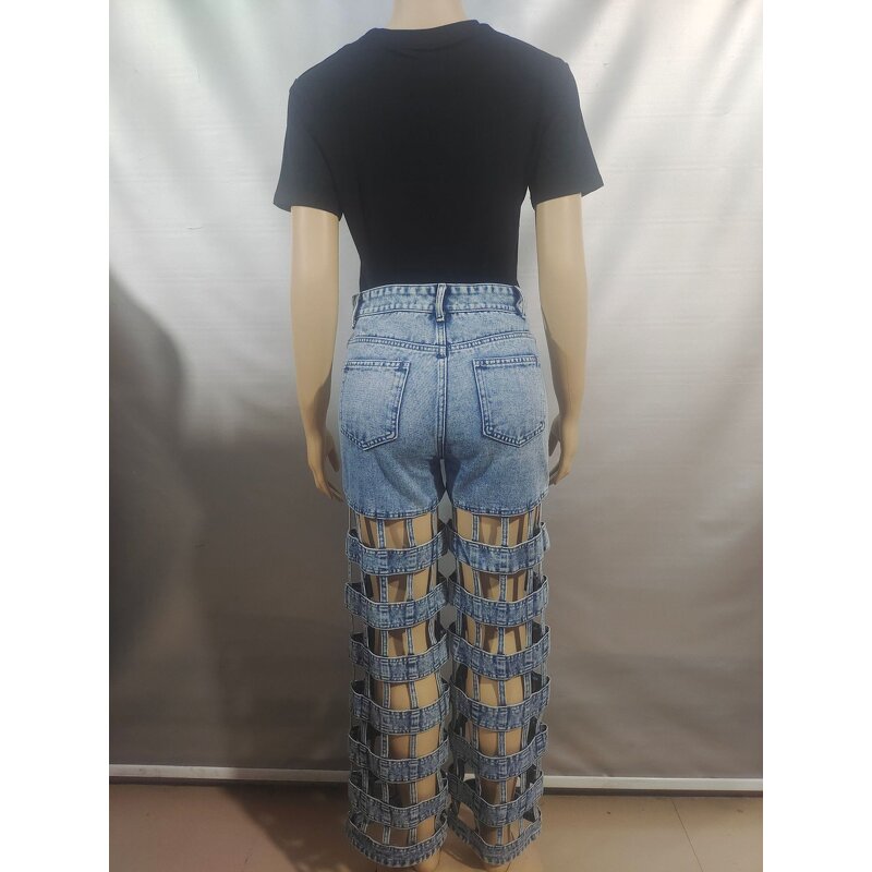 Women Jeans Manufacturer - Wholesale Hollow Out Distressed Straight Leg Jeans