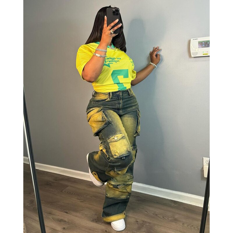 Women Jeans Manufacturer - Custom Tie Dyed Multi-pocket High Waist Cargo Jeans