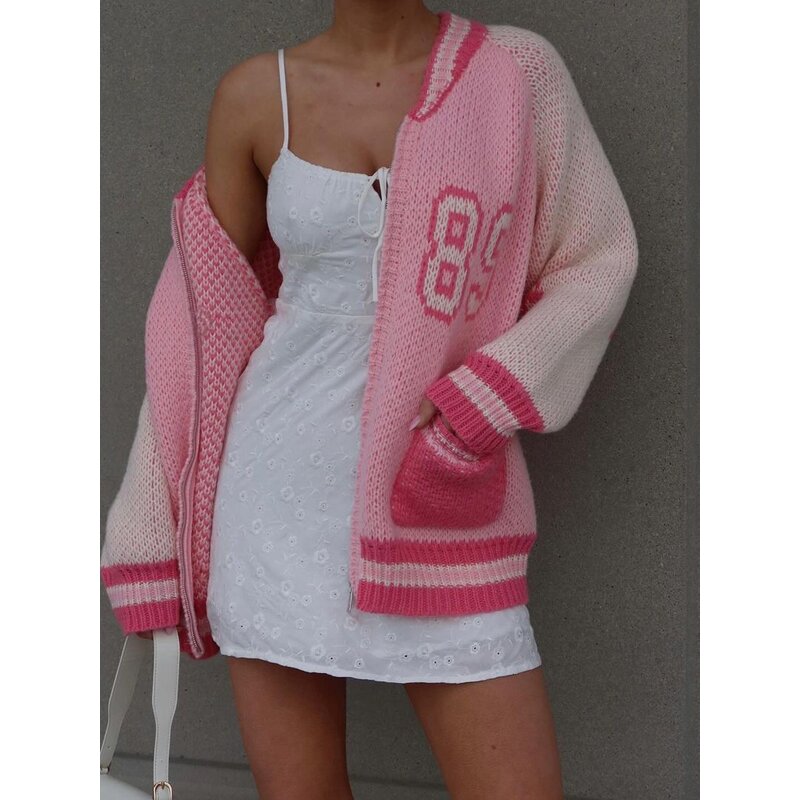 Cardigan Sweater Manufacturer - Baseball Style Zipper Pink Loose Casual Sweater