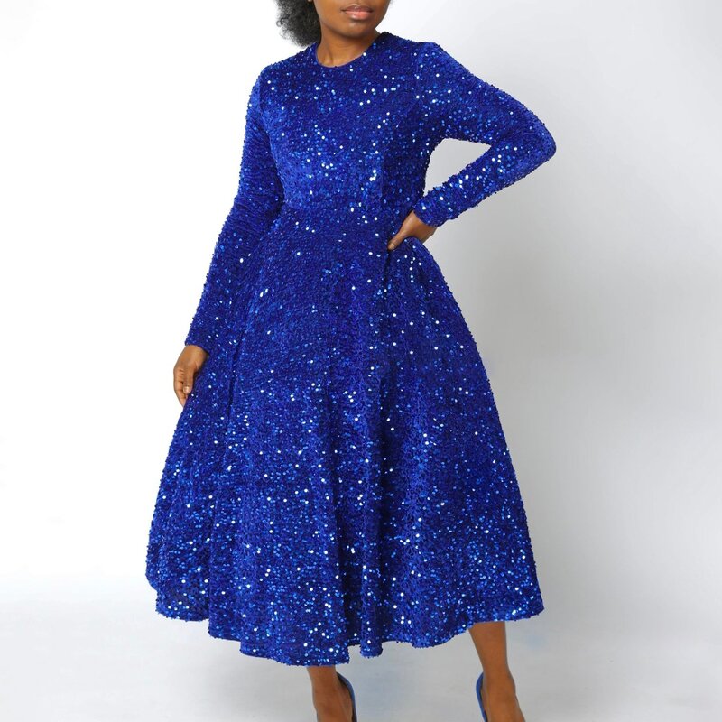 Sequin Dress Manufacturer - Custom Fit and Flare Long Sleeve Royal Blue Dress