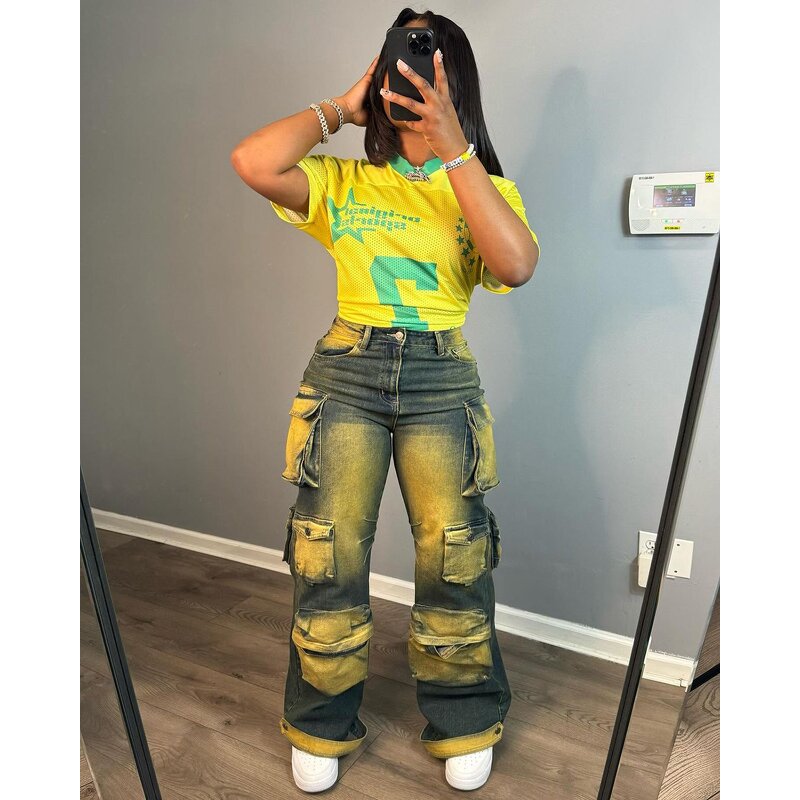 Women Jeans Manufacturer - Custom Tie Dyed Multi-pocket High Waist Cargo Jeans