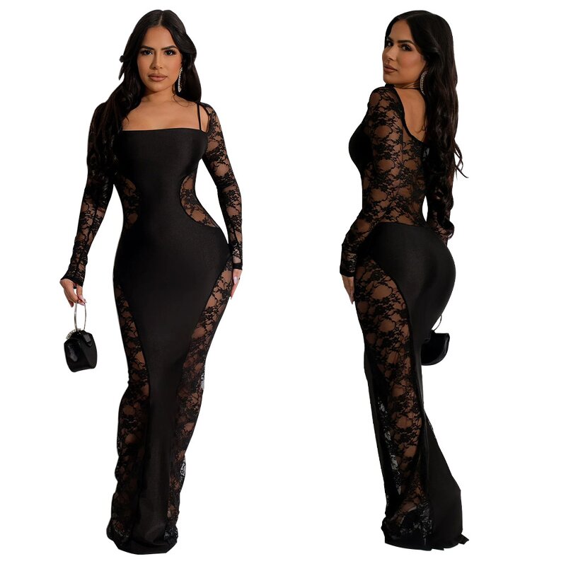 Party Dress Manufacturer - Custom Black Lace Splicing Long Sleeve Maxi Dress