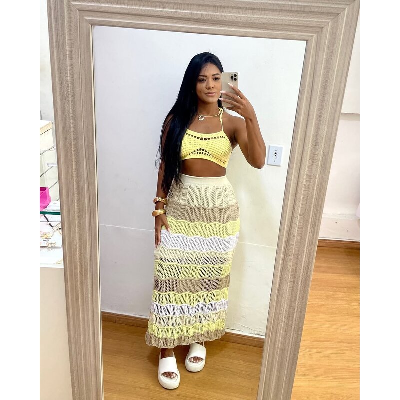 Beach Set Manufacturer - Wholesale Rainbow Colourful Halter Bra Long Skirt Set