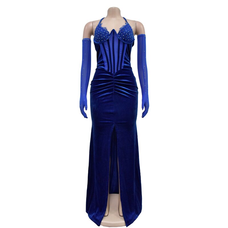Velvet Evening Dress Manufacturer - Custom High Slit Sweep Train Sequined Gown