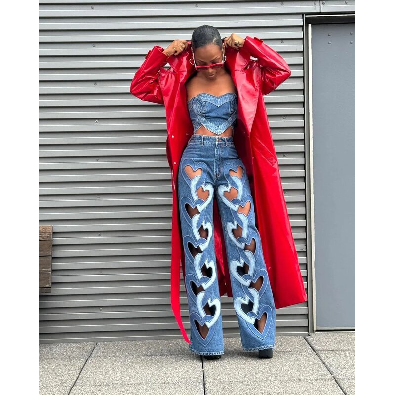 Women Pants Manufacturer - Custom Heart Cutout Washed Loose Wide Leg Jeans