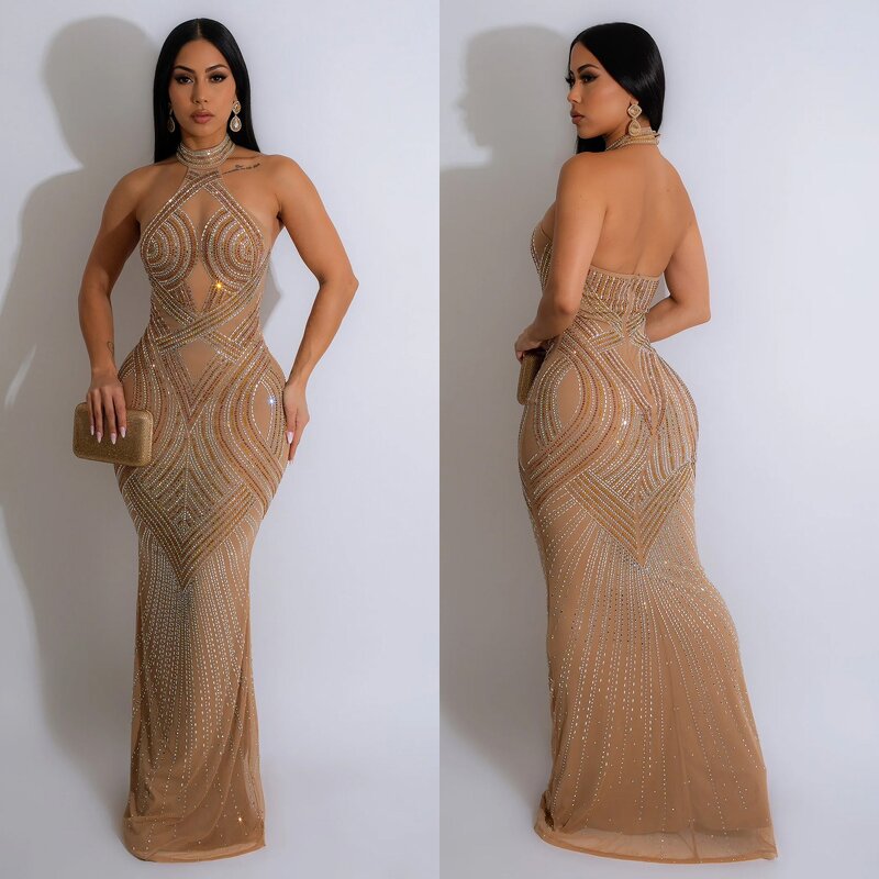 Party Dress Manufacturer - Custom Halter Mesh See Through Rhinestone Maxi Dress