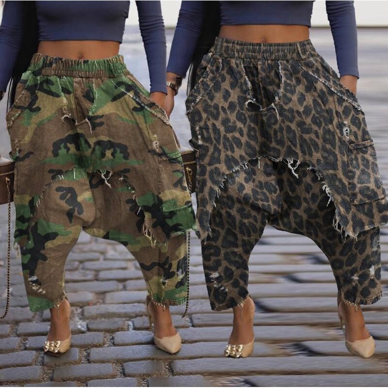 Women Pants Manufacturer - Wholesale Distressed Ripped Leopard Harem Pants