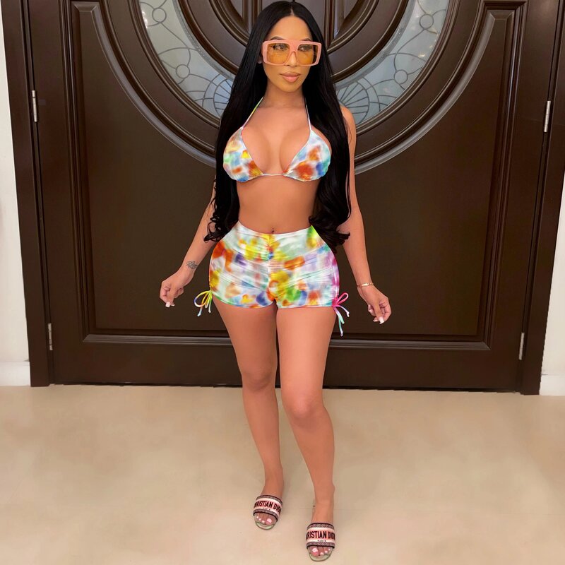 Bikini Set Manufacturer - Custom Colourful Print Bikini Top and Shorts Set