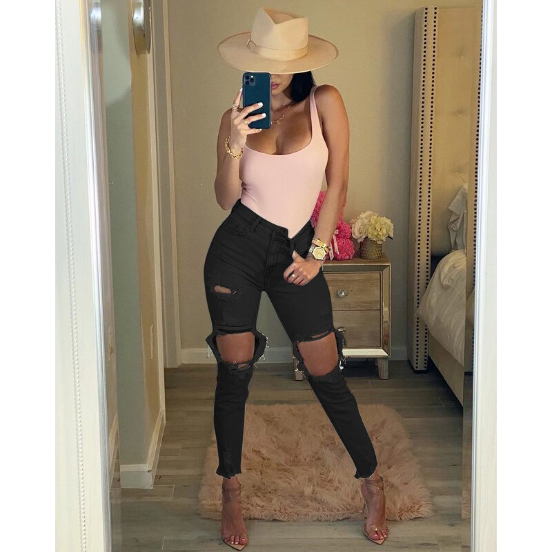 Women Jeans Manufacturer - OEM Design Ripped Elastic Destroyed Skinny Jeans