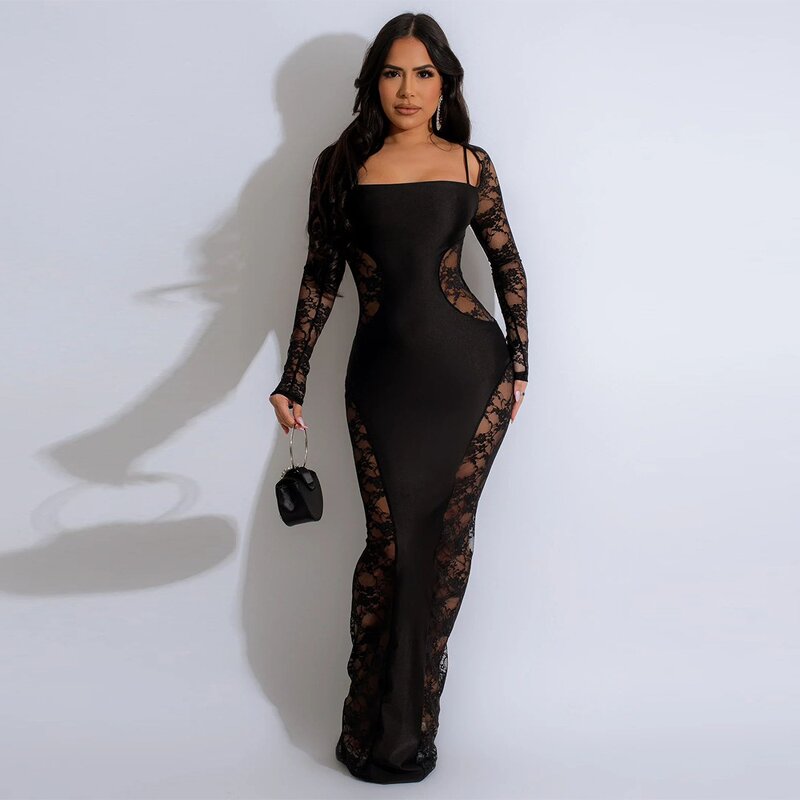 Party Dress Manufacturer - Custom Black Lace Splicing Long Sleeve Maxi Dress