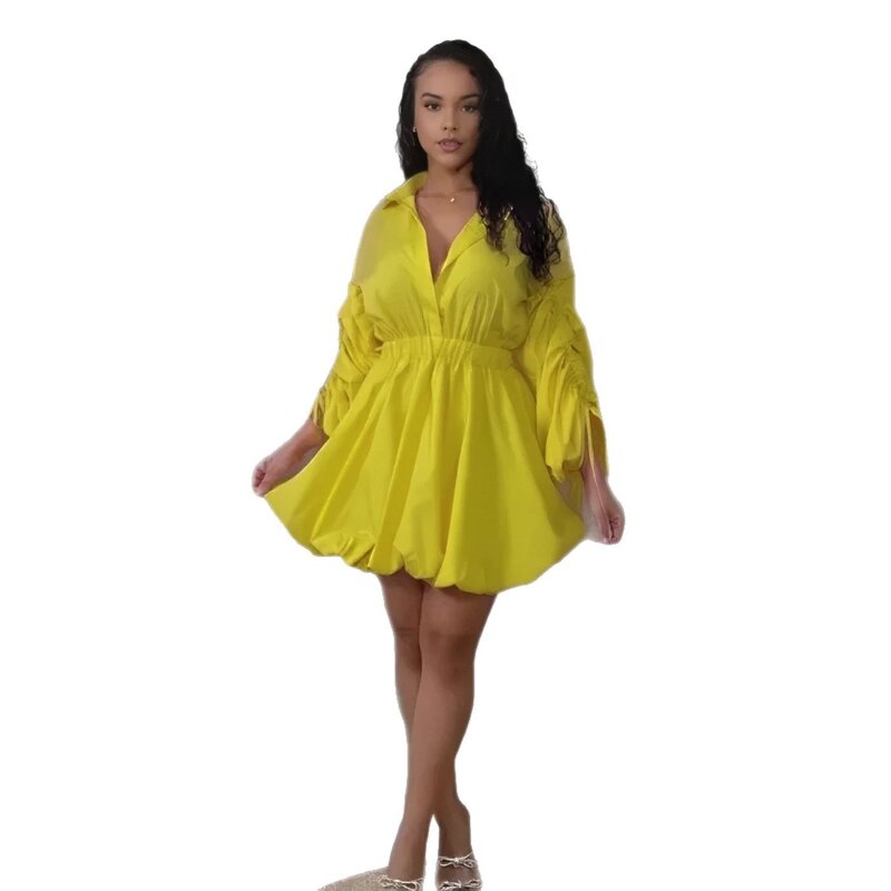 Mini Dress Manufacturer - Custom Solid Deep V Neck Puffy Shirt Dress