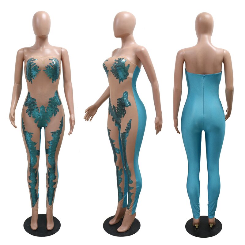 Sequin Jumpsuit Manufacturer - Custom Strapless Full Length Bodycon Club Jumpsuit