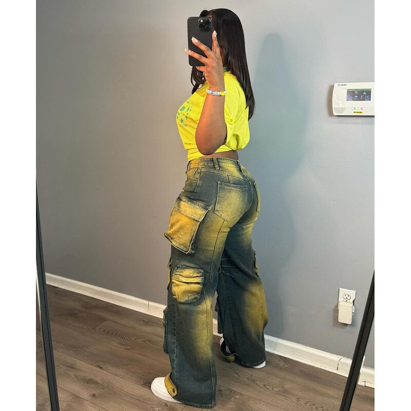 Women Jeans Manufacturer - Custom Tie Dyed Multi-pocket High Waist Cargo Jeans