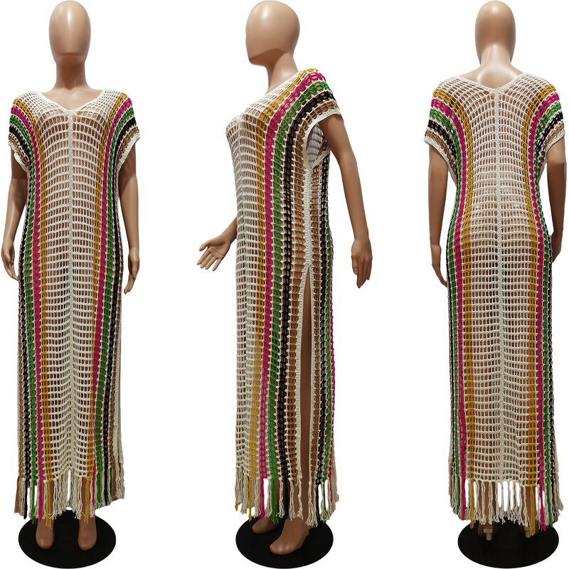 Beach Cover Up Manufacturer - Wholesale V Neck Knit Crochet Mesh Loose Dress