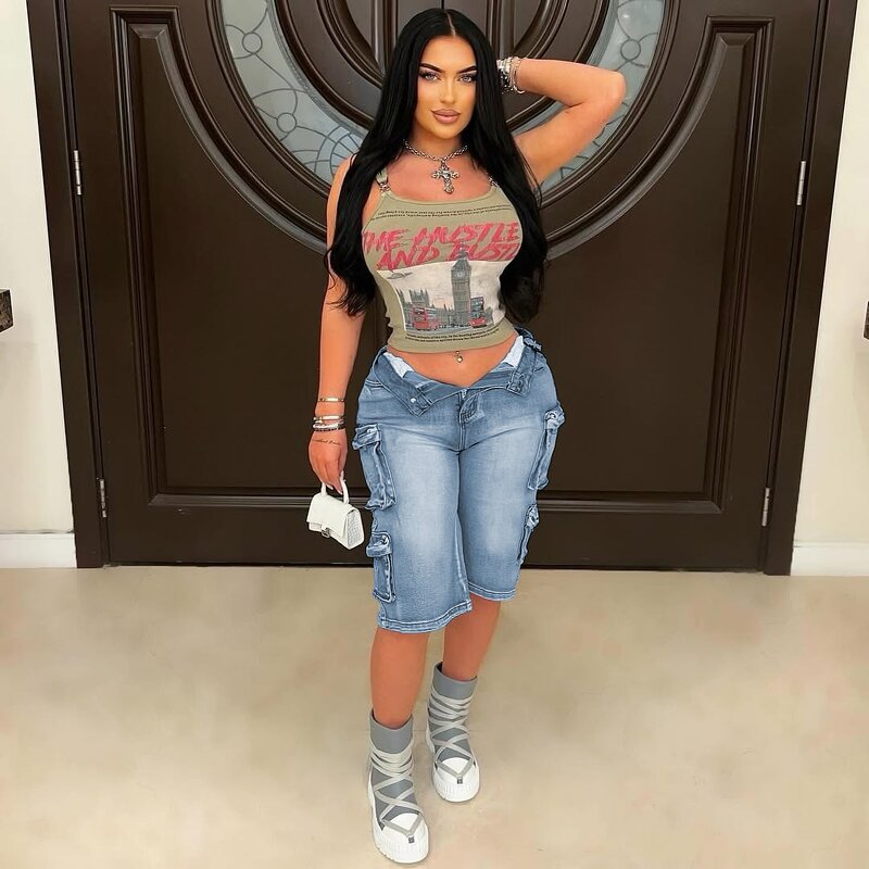 Women Shorts Manufacturer - Custom Loose Fifth Denim Cargo Pocket Shorts