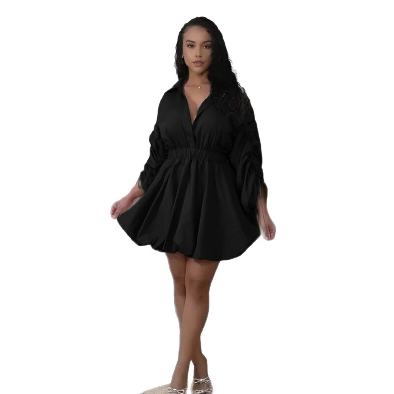 Mini Dress Manufacturer - Custom Solid Deep V Neck Puffy Shirt Dress