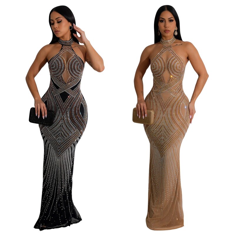 Party Dress Manufacturer - Custom Halter Mesh See Through Rhinestone Maxi Dress