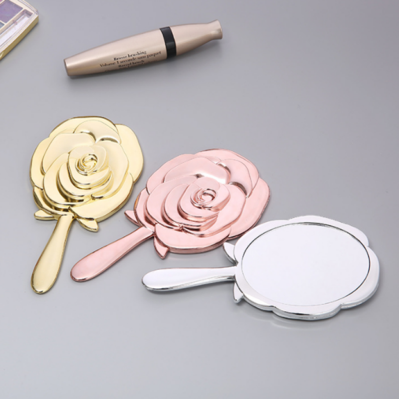 Plastic Portable Rose Shape Makeup Pocket Mirror Shining Silver Rose Gold Handheld Mirror Beauty Salon Gift Mirror