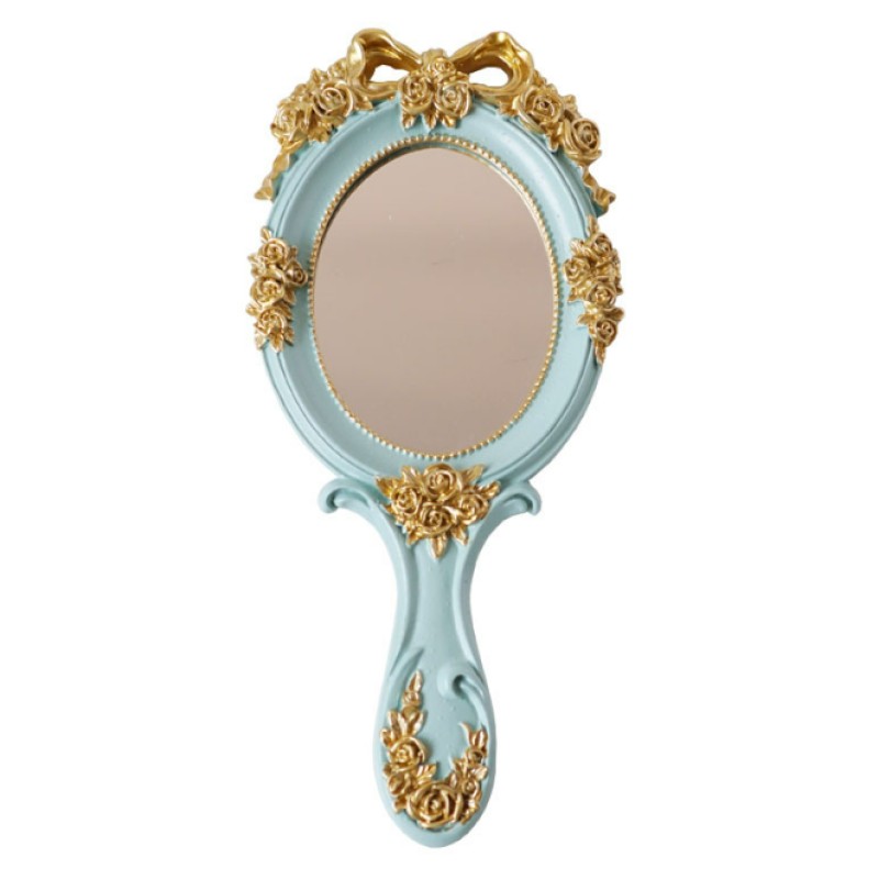 European Vintage Resin Wooden Makeup Mirror Handheld Carved Oval Mirror Portable Salon Mirror