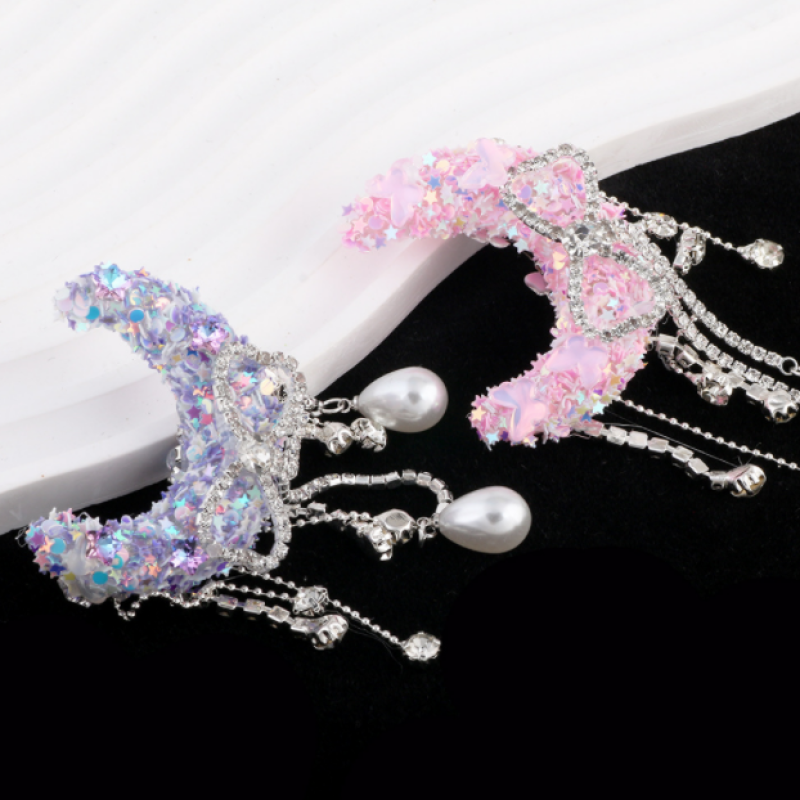 Bow Rhinestone Moon Shape Beads With Pearl Tassels DIY Beads for Pen Phone Keychain Necklace Accessories