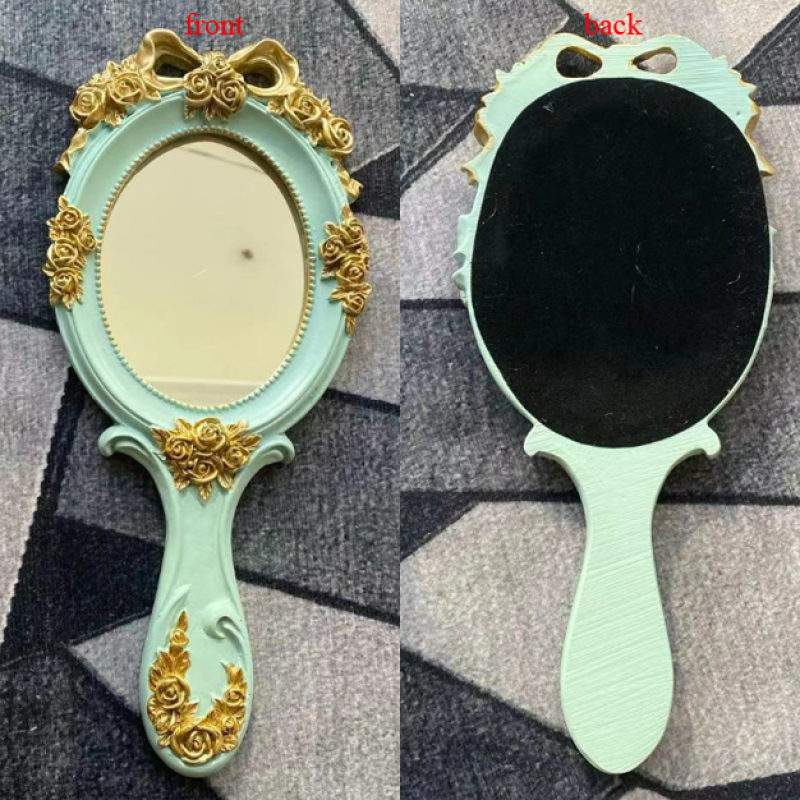 European Vintage Resin Wooden Makeup Mirror Handheld Carved Oval Mirror Portable Salon Mirror