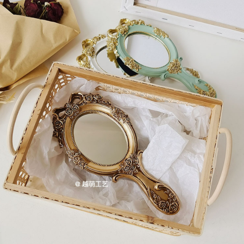 European Vintage Resin Wooden Makeup Mirror Handheld Carved Oval Mirror Portable Salon Mirror