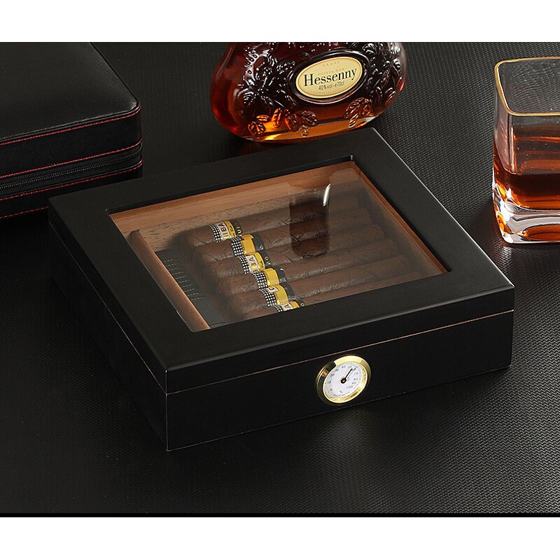 Cigar Humidor Manufacturer - Custom Small Dark Wooden Lacquer Glass Top Box