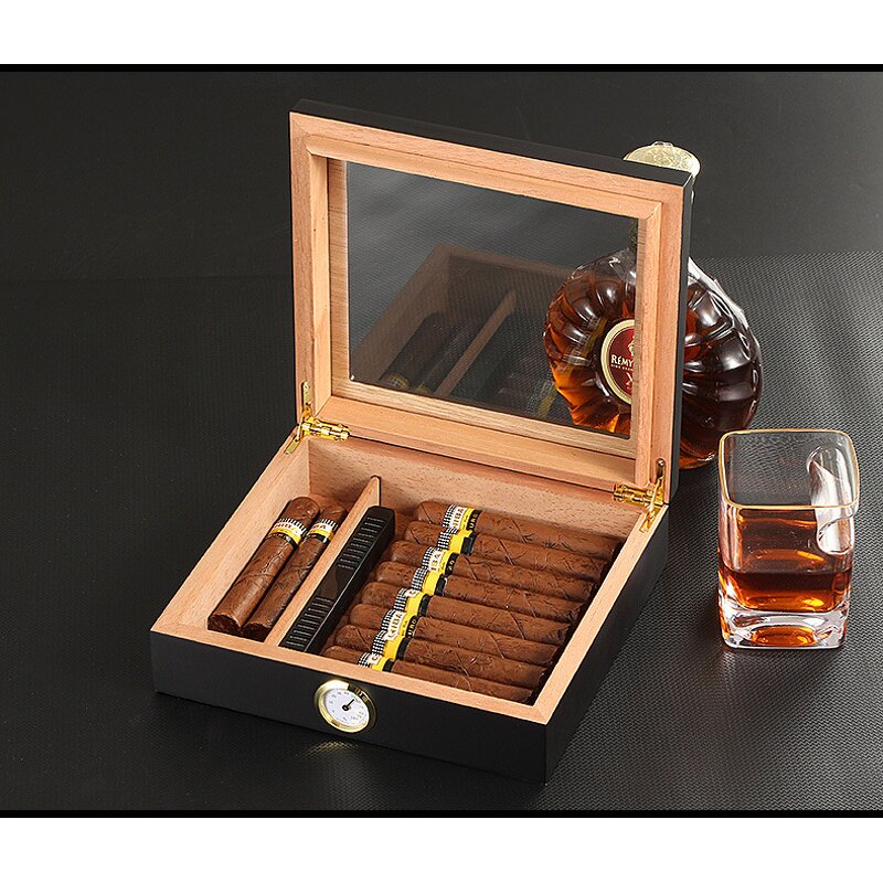 Cigar Humidor Manufacturer - Custom Small Dark Wooden Lacquer Glass Top Box