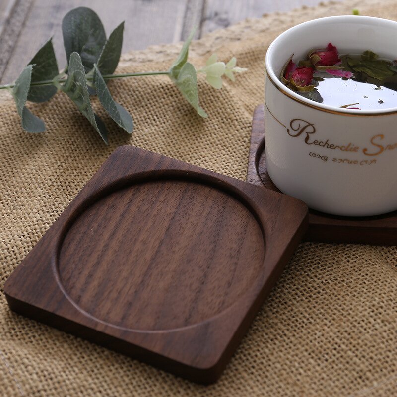 Wood Coaster Set Manufacturer - 6 Pcs Walnut Beech Round Laser Engraved Set
