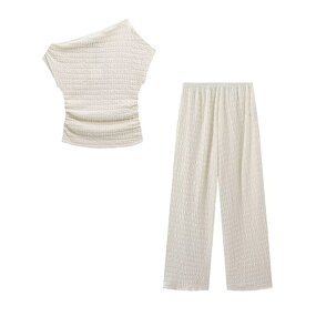 Asymmetrical Top and Trousers Set Factory - OEM Custom Solid Color Knitted Texture Suit