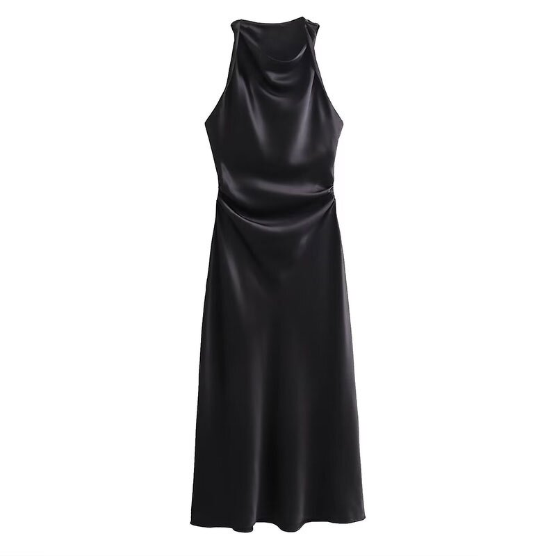 Silk Satin Texture Dress Factory - OEM Custom Retro Black Sleeveless Midi