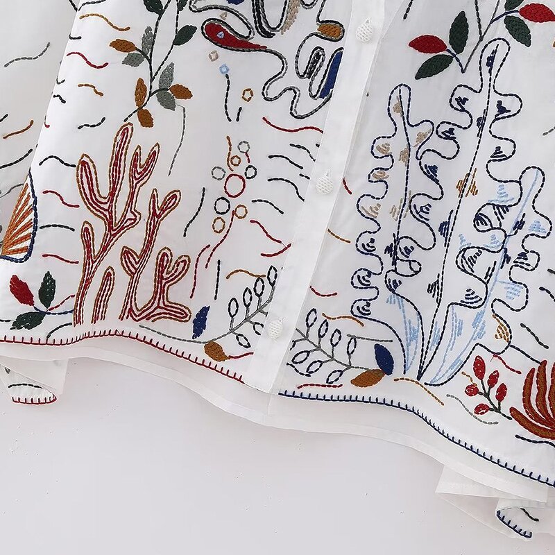 Embroidered Cotton Shirt Factory - OEM Custom Vintage V Neck Wide Sleeve Top