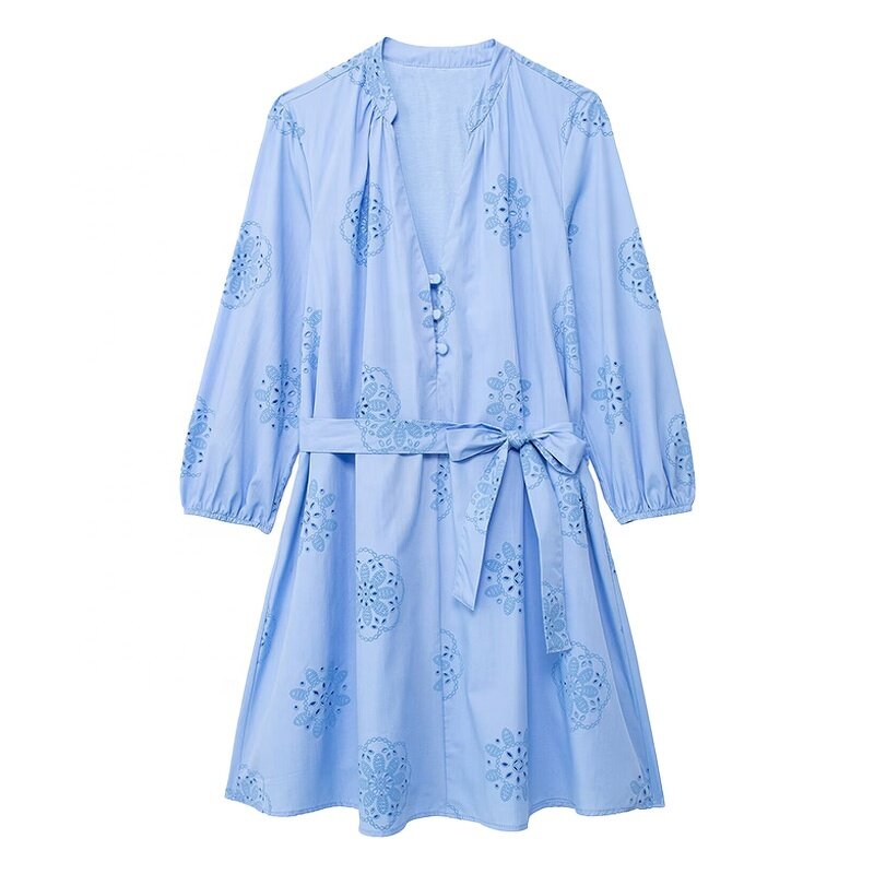 Laminated Embroidery Decorative Dress Factory - OEM Custom Poplin V-neck Mini