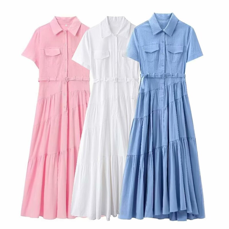 Belted Shirt Dress Factory - OEM Custom Retro Lapel Short Sleeve Solid Color