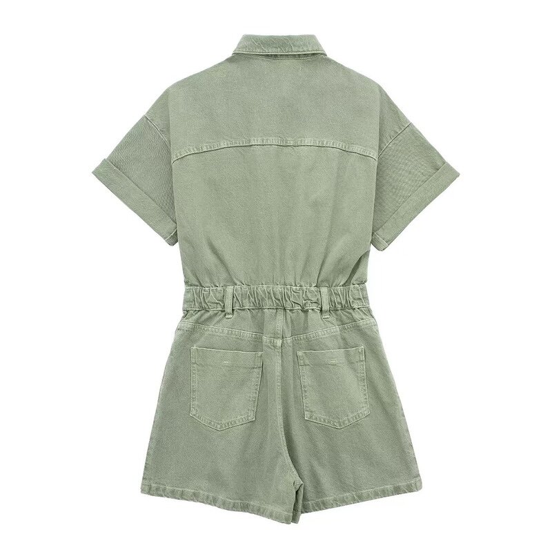 Denim Short Jumpsuit Factory - OEM Custom Retro High Waist Zipper Placket