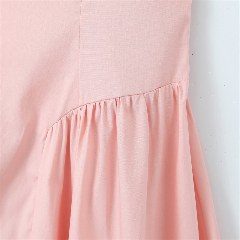 Pink Square Neck Dress Factory - OEM Custom Retro Waist Pleated Sleeveless