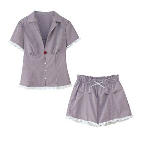 Plaid Shirt Shorts Set Factory - OEM Custom Summer Button Shirt Elastic Waist