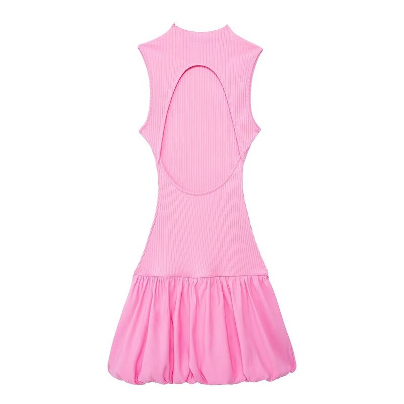 Balloon Ribbed Dress Factory - OEM Custom Retro Round Neck Sleeveless Slim