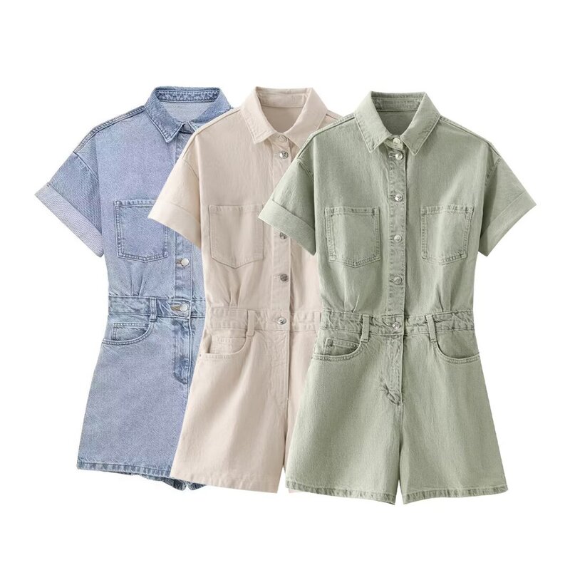 Denim Short Jumpsuit Factory - OEM Custom Retro High Waist Zipper Placket