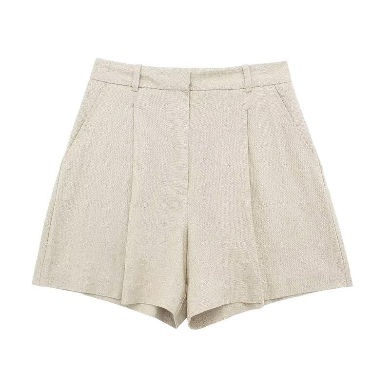 Linen Blend High Waist Shorts Factory - OEM Custom Summer New Retro Side Pocket
