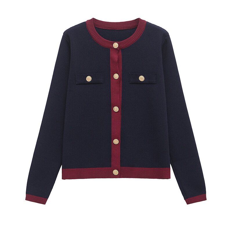 Gold Button Knitted Top Factory - OEM Custom Retro Round Neck Long Sleeve Casual