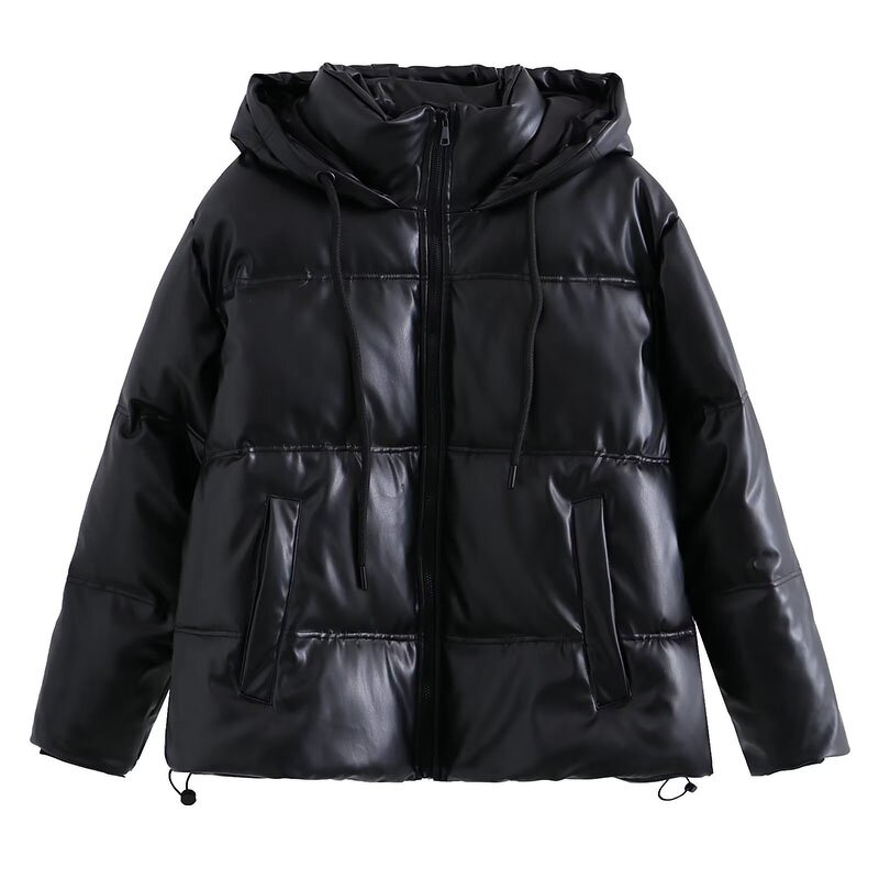 Faux Leather Hooded Cotton Coat Factory - OEM Custom Winter Long Sleeves Side Pocket