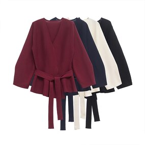 Belt With Shoulder Pads Sweater Factory - OEM Custom Retro V-neck Long-sleeved Female