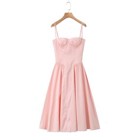 Pink Square Neck Dress Factory - OEM Custom Retro Waist Pleated Sleeveless