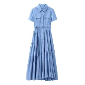Belted Shirt Dress Factory - OEM Custom Retro Lapel Short Sleeve Solid Color