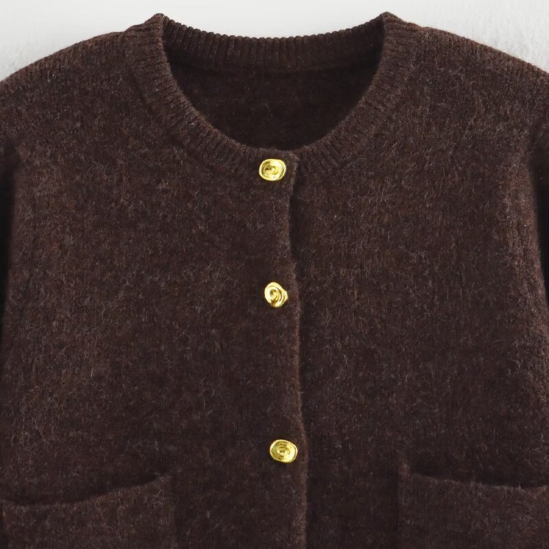 Gold Buttoned Knitted Jacket Factory - OEM Custom Women's New Fashion Retro Casual